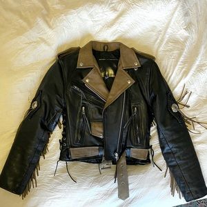 Black and brown leather tassel jacket